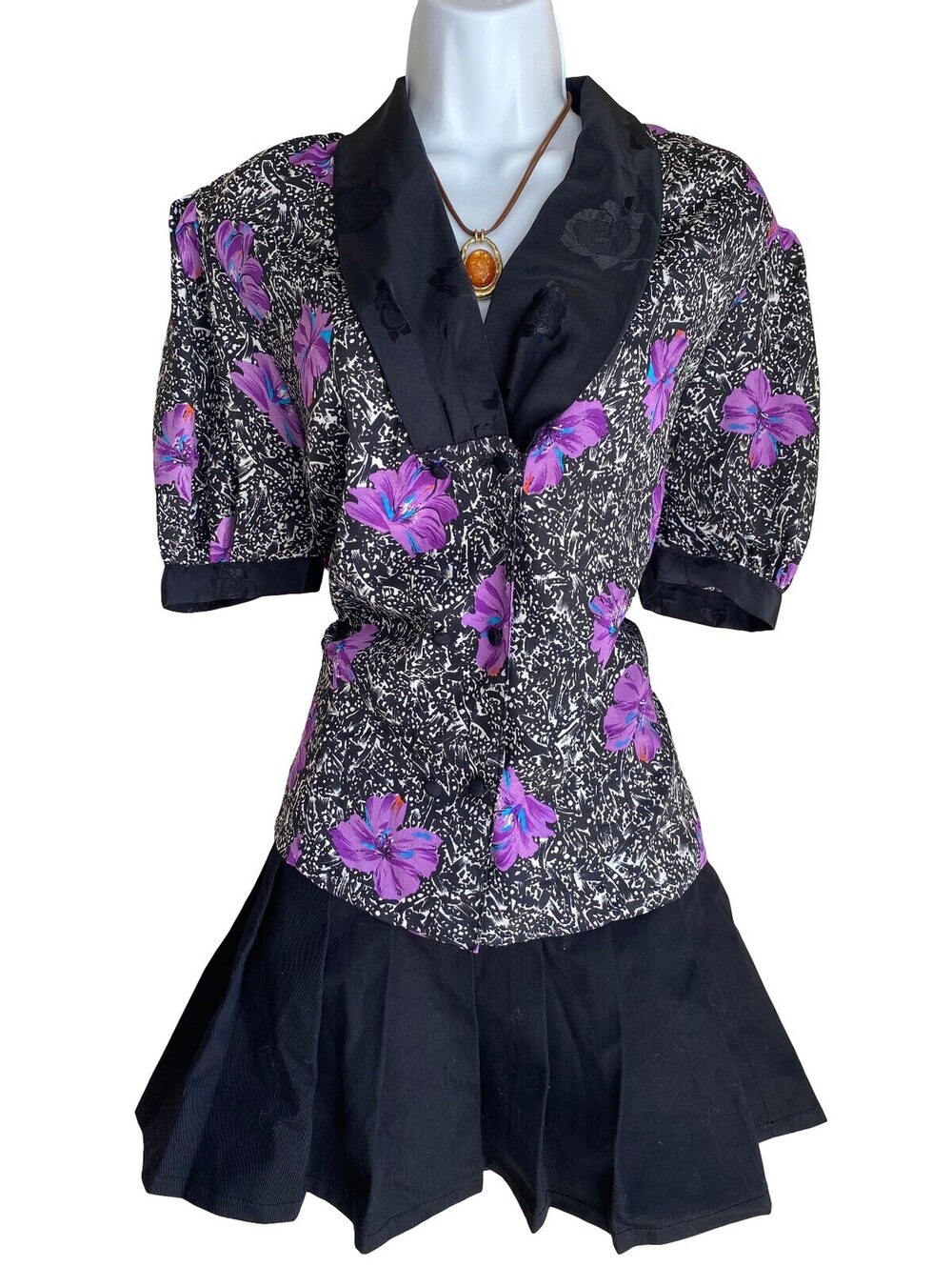Vintage L Black Purple Floral Shawl Collar Button Up Blouse Whimsigoth Boho Goth